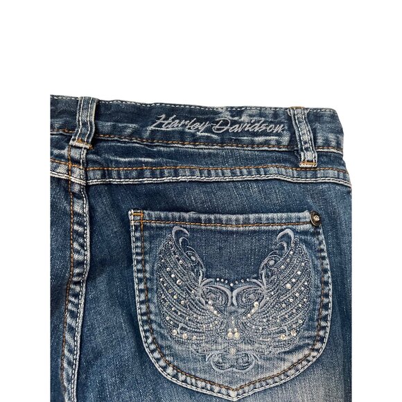 Harley Davidson Very Tall Bootcut Blue Jeans Wing Pockets Women's Size 8 - Picture 7 of 7